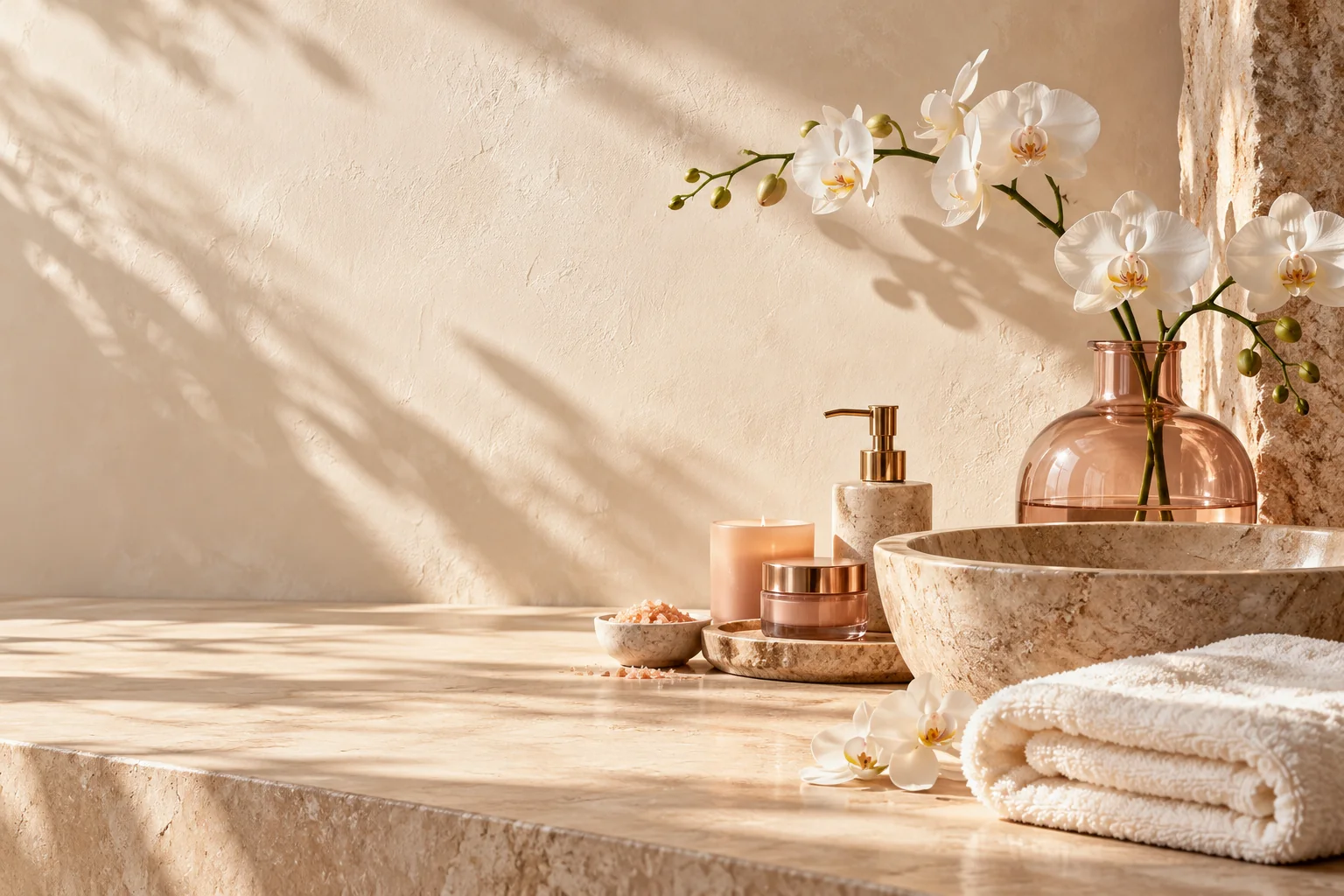 Calm spa setting with orchids, warm stone and folded towels